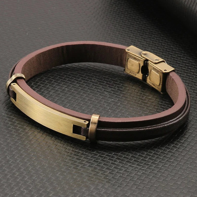 MKENDN Unique Brushed Stainless Steel Genuine Leather Bracelets for Men Women Layered Bangle Causal Pulseira Logo Name Gift