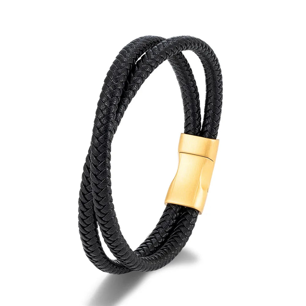 MKENDN Simple Style Men Braided Blue Brown and Black Leather Bracelet Matte Black Stainless Steel Button Accessories Jewelry