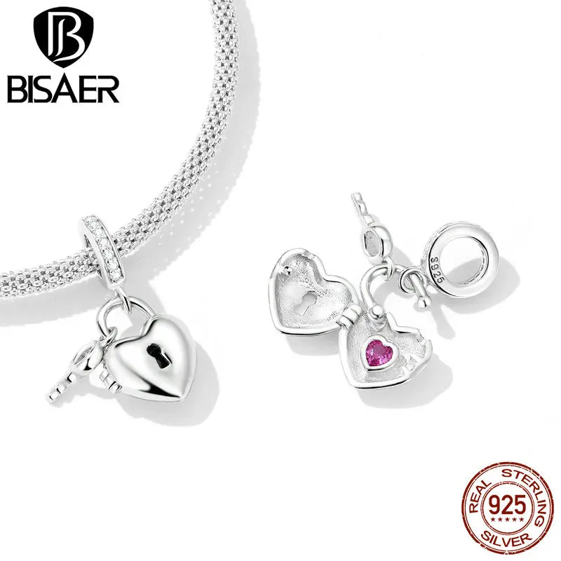 BISAER 925 Sterling Open Heart Lock Charm Perle Plaqué Platine Pendentif Fit DIY Bracelet Bijoux Saint Valentin Cadeau d'Anniversaire