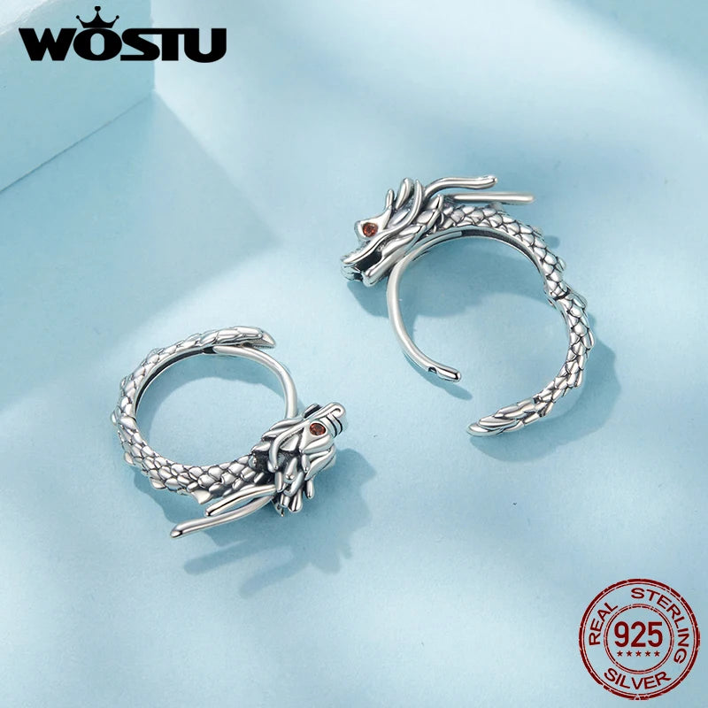 WOSTU Vintage 925 Sterling Silver Dragon Hoop Earrings Women 18K Gold Lucky Gothic Animal Dragon Punk Hoops Cool Birthday gift