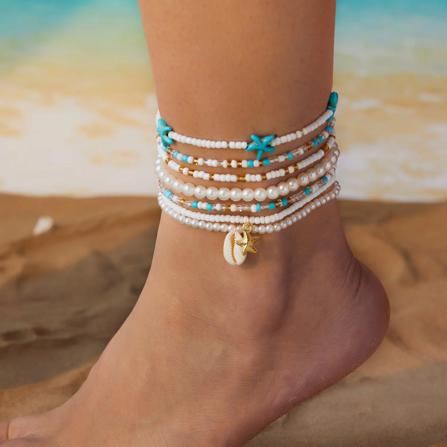 Bohemia Multilayer Rice Beads Anklet Set For Women Starfish Conch Shell Turtle Pendant Anklets Beach Ankle Chain On Leg Jewelry