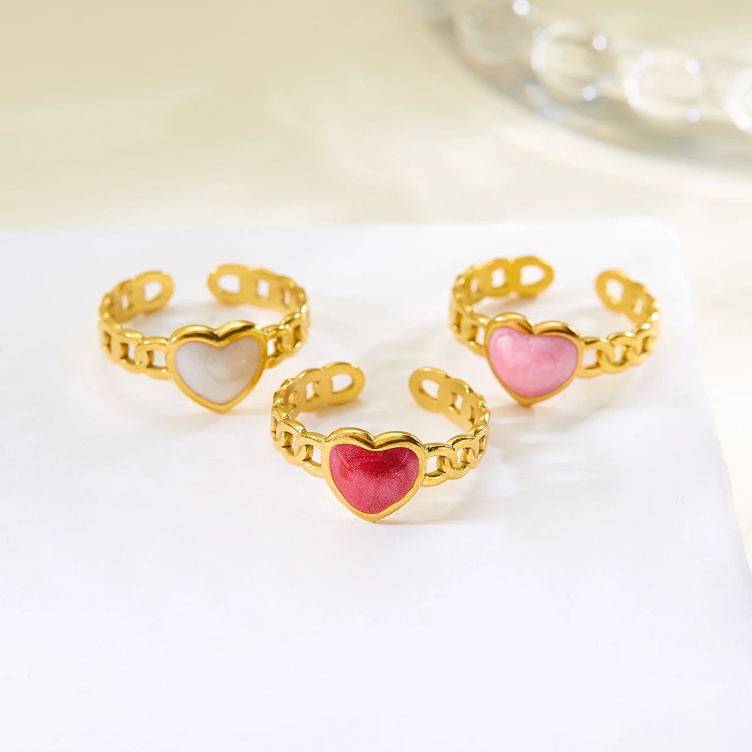 Bohemian Gold Color Enamel Open Rings For Women Stainless Steel Love Heart Shape Adjustable Finger Ring Luxury Charm Jewelry