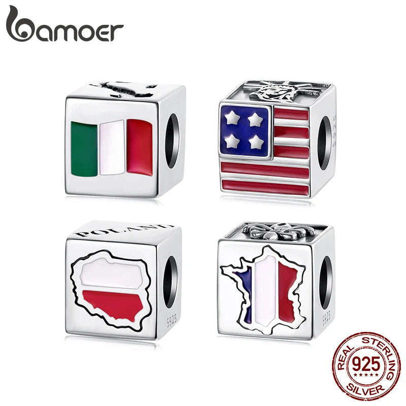 Bamoer 925 Sterling Silver World Travel Souvenir Charms Square National Beads for Women DIY Bracelet Accessories Culture Gift