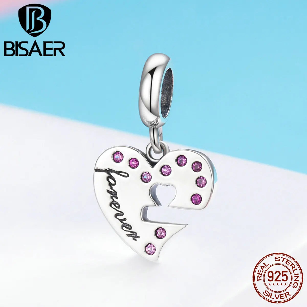BISAER 925 Sterling Eternal Love Charm Bead A Pair of Heart Locks Pendant Fit Couple Friends DIY Bracelet Necklace Fine Jewelry