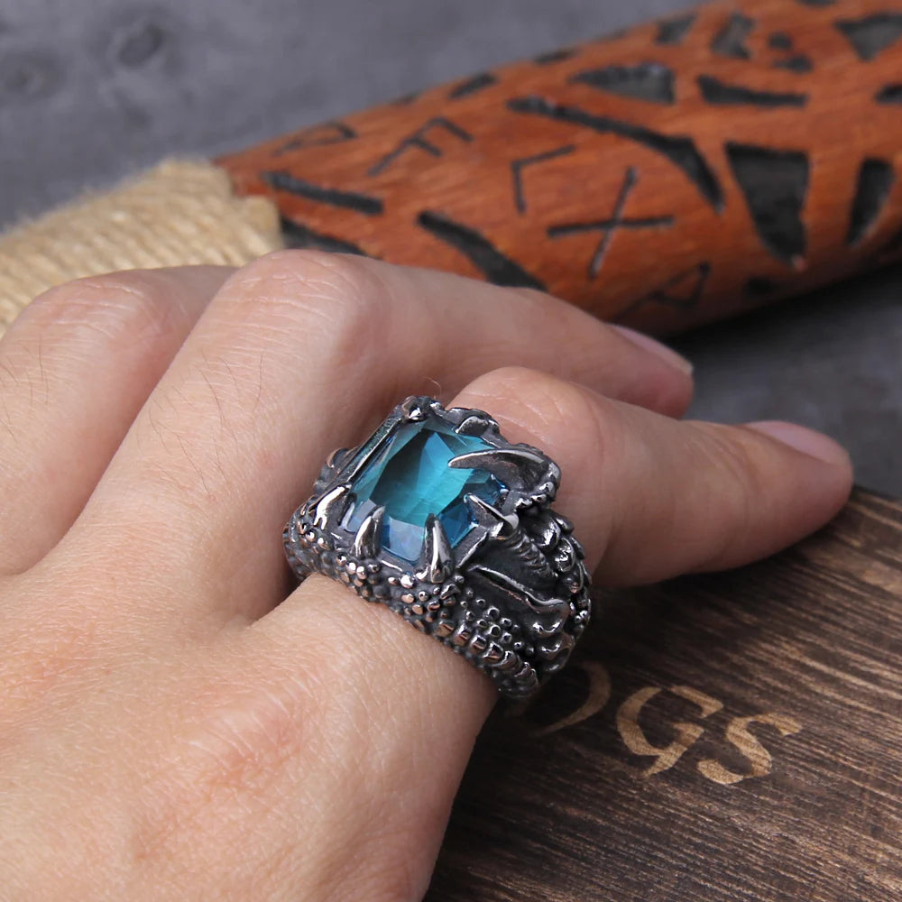 Bague en acier inoxydable avec pierre CZ rouge et anneau en forme de dragon punk sans décoloration, bijou d'alliance pour homme avec prière du Christ et boîte en bois