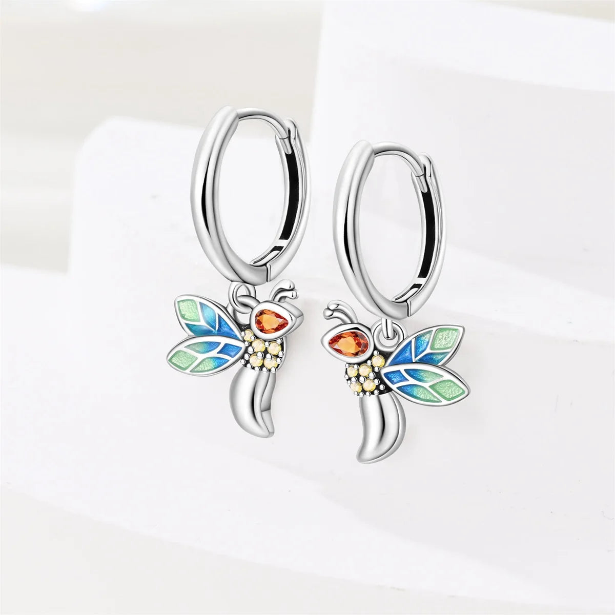 925 Sterling Silver Plants and Insects  Drops Earrings Little Green Leaves and Fireflies Earrings Suitable for Women's Jewelry