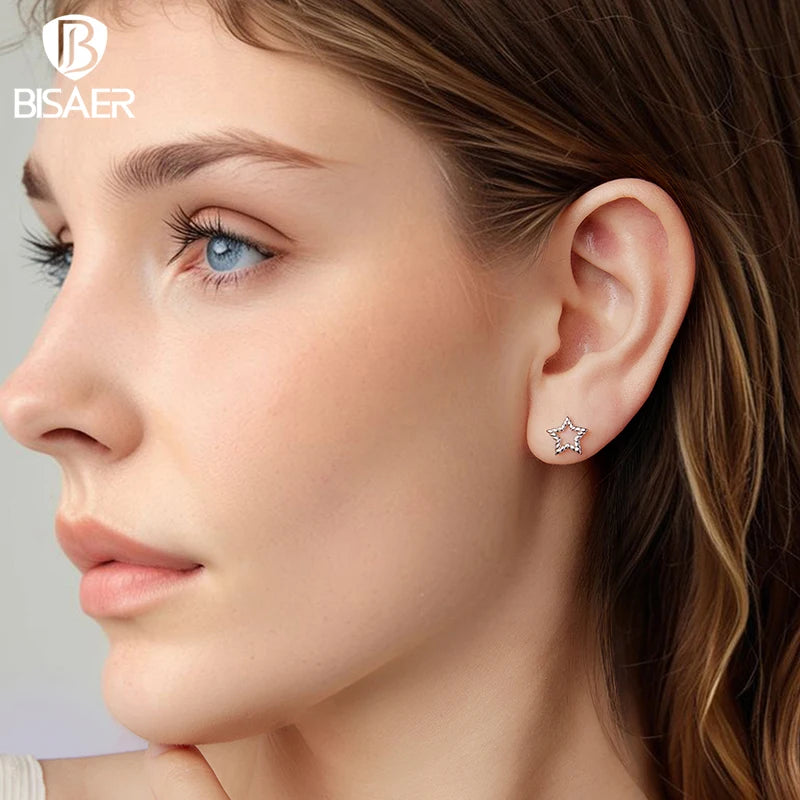 BISAER 925 Sterling Silver Star Stud Earrings Minimalist Stars Earrings Plated White Gold for Women Party Original Fine Jewelry