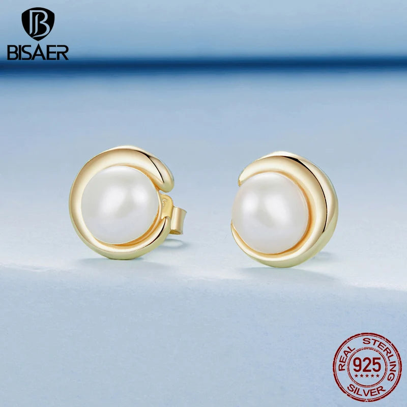 Boucles d'oreilles à tige en argent sterling 925 BISAER avec perles et clip d'oreille rond simple plaqué or pour femmes élégantes, bijoux fins de fête EFE1107