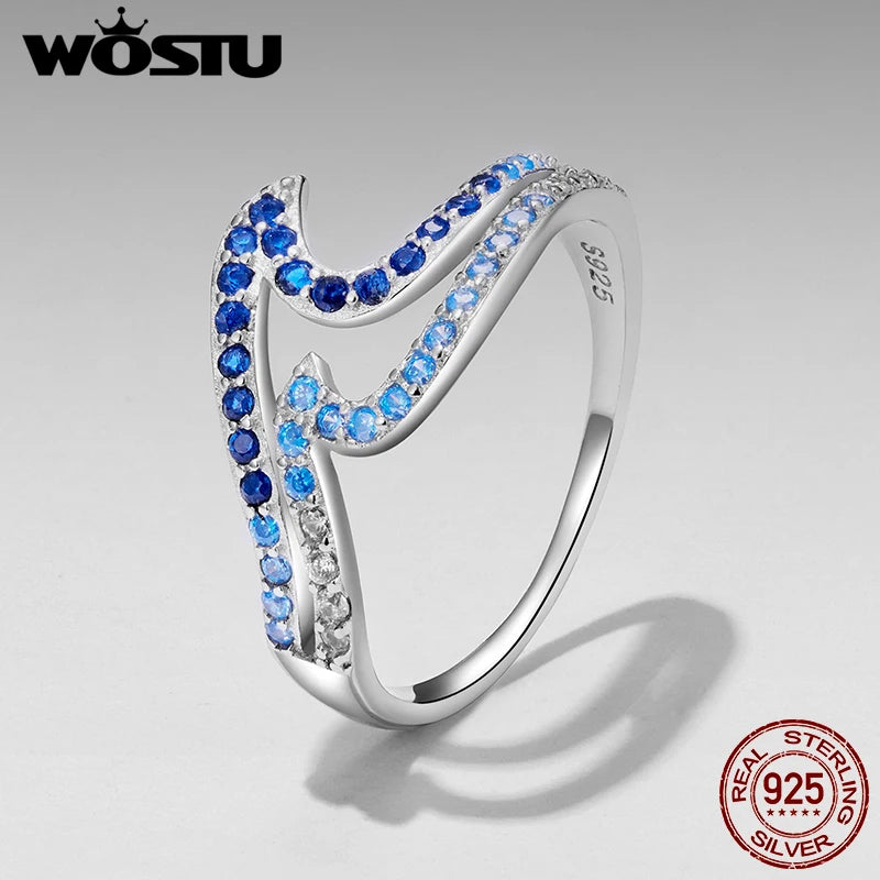 WOSTU Ringe aus echtem 925er Sterlingsilber mit Wellenmuster, elegantem, stapelbarem Statement-Ring im Ozeanwellen-Design mit blauem Zirkonia-Farbverlauf für Damen