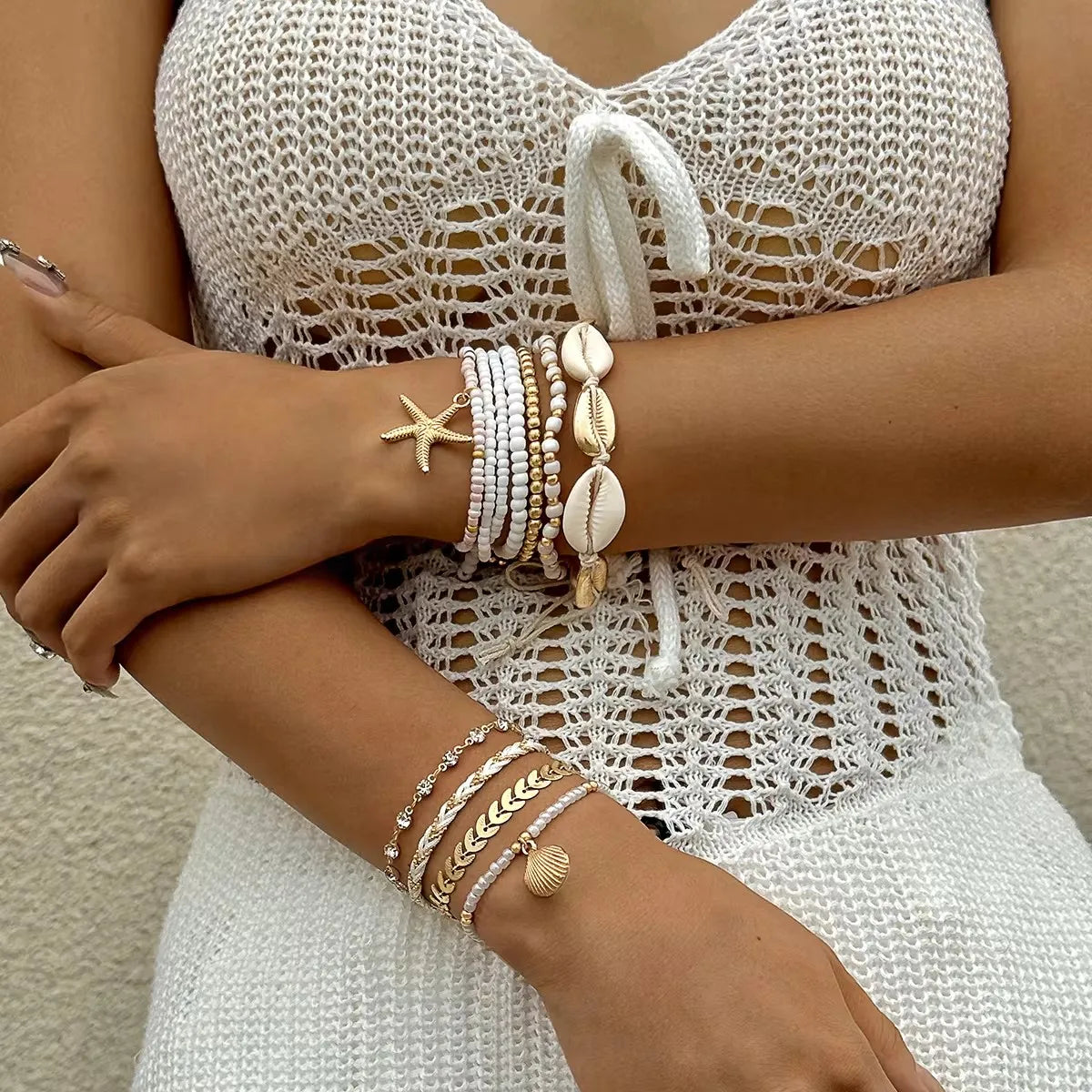 Tocona Bohemian Resort Style Shell Beaded Weaving Bracelet Beach Style Starfish Rice Beads Seven Piece Set for Women 25134 - Madeinsea©
