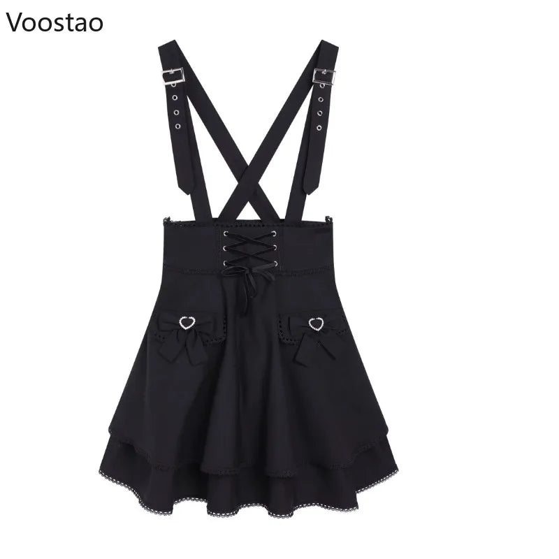 Kawaii Lolita-Stil Rock-Set Y2K Japanische Damen Süße Spitze Rüschen Langarmbluse Kurzer Trägerrock Anzug Koreanische Sets