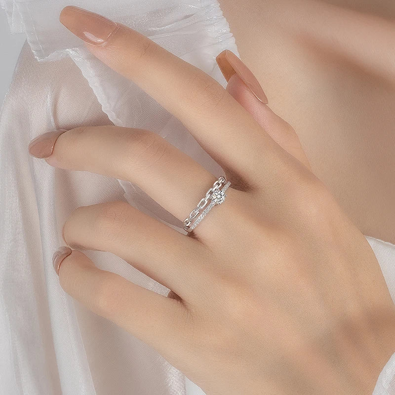 PERFANY 0.39CT All Moissanite Rings Women S925 Pure Silver Chain Double Layer Laboratory Diamond Luxury Party Jewelry