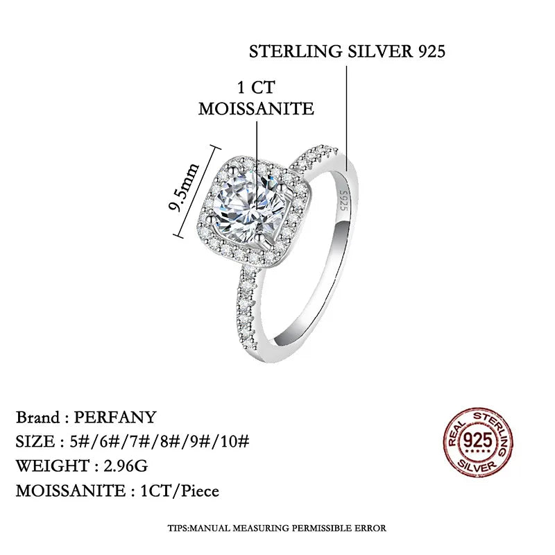 PERFANY 0.5/1/2CT Moissanite Ring for Women S925 Pure Silver Four Claw Square Wedding Ring Fashion Wedding Jewelry - Madeinsea©