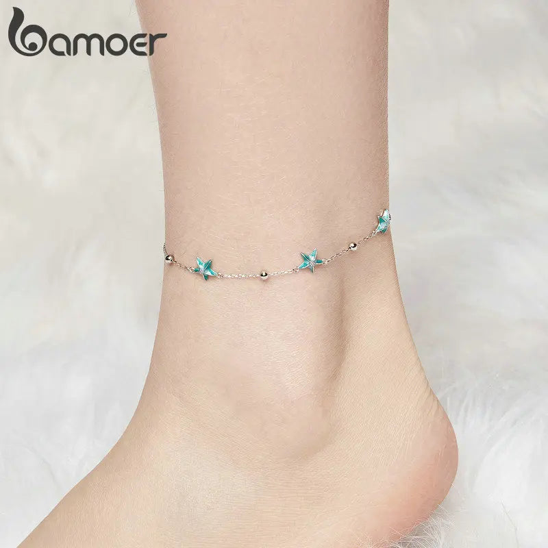 BAMOER 925 Sterling Silver Blue-green Seastar Charm Anklet Simple Chain Foot Jewelry for Women White Gold Plated Summer Jewelry