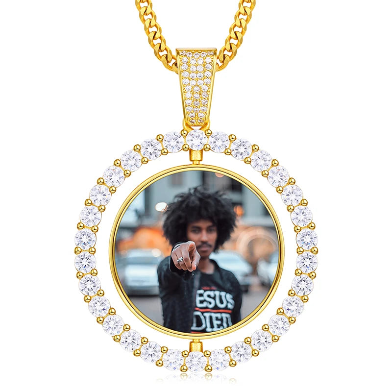Collier pendentif cœur double face personnalisé pour homme, style hip-hop, pendentif en zircone serti de diamants, médaillon souvenir photo personnalisé