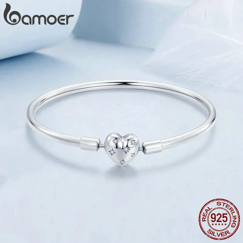 BAMOER Authentisches 925 Sterling Silber Charm Armband, klassisches Herz/Muschel Basic Armreif für Frauen Charm Perlen DIY Schmuck BSB192