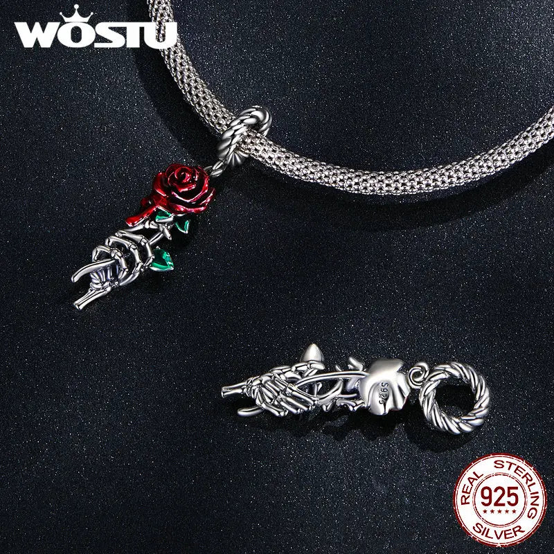 WOSTU 925 Sterling Silver Halloween Collection Red Rose Flower Skull Charms Black CZ Witch Bat Bead fit DIY Bracelet Bangle Punk