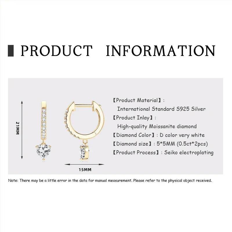OXTAO Heart Shaped Pendant Earrings Female 925 Sterling Silver D Color Moissanite Dangle Hoop Earrings Wedding Jewelry Gift