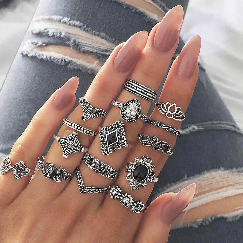 Bohemia Green Stone Finger Ring Set For Women Geometric Moon Owl Knuckle Rings Girls Fashion Jewelry Gift