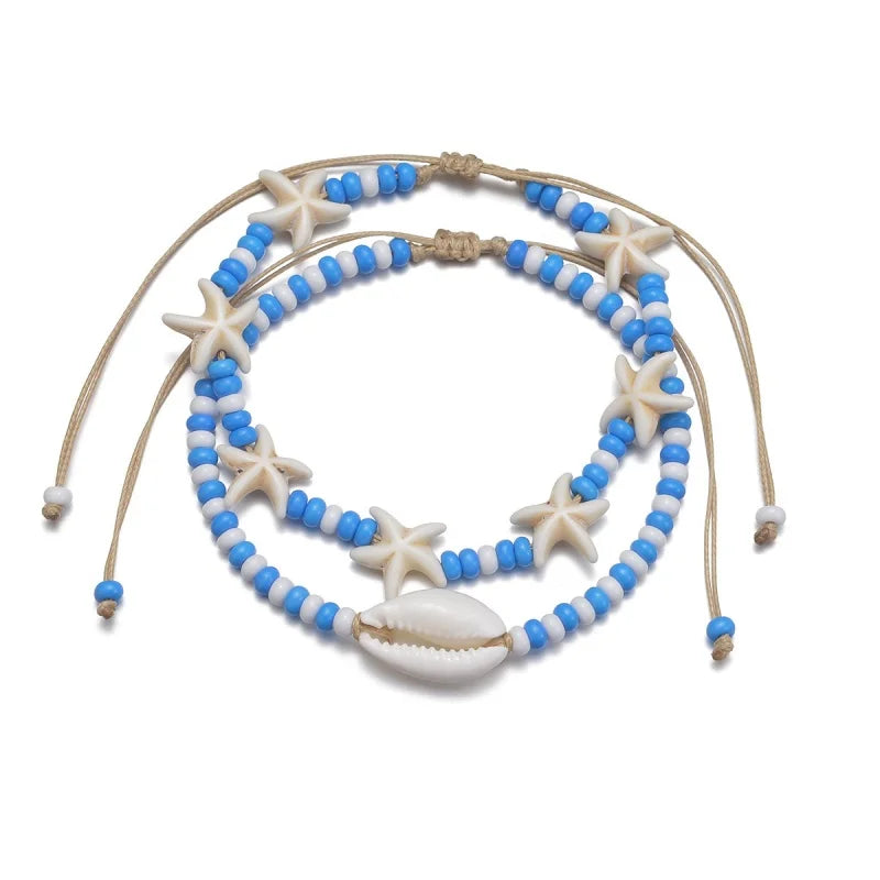 Cute Starfish Shell Blue White Rice Beads Foot Chain Anklet Sets For Women Ankle Bracelet Elastic Rope Beach Jewelry Accessories - Madeinsea©