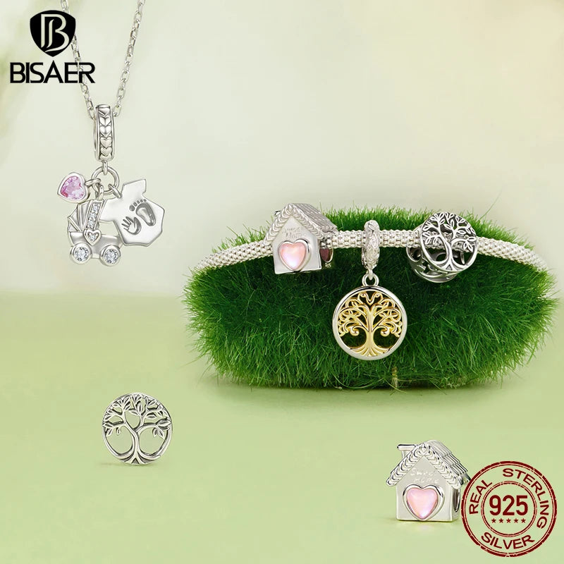 BISAER 925 Sterling Silver Tree of Life Charm Bead Yin Yang Sun Moon Locket Pendant for Women DIY Bracelet Neckalce Fine Jewelry