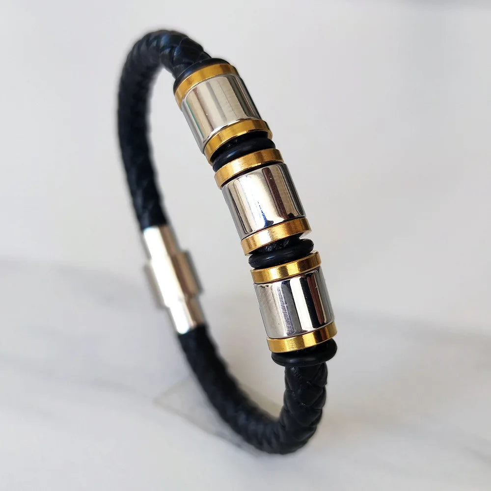 MKENDN Punk Beads Charm Men Bracelet Stainless Steel Magnetic Clasp Braided Leather Wrapping Bangles Man Jewelry Gift