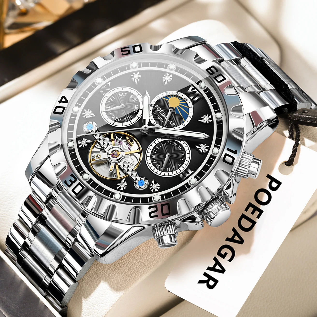 POEDAGAR Business Top Watch For Man Hollow Tourbillon Automatic Men's Watches Date Week Mechanical Stainless Steel Men Clock+Box