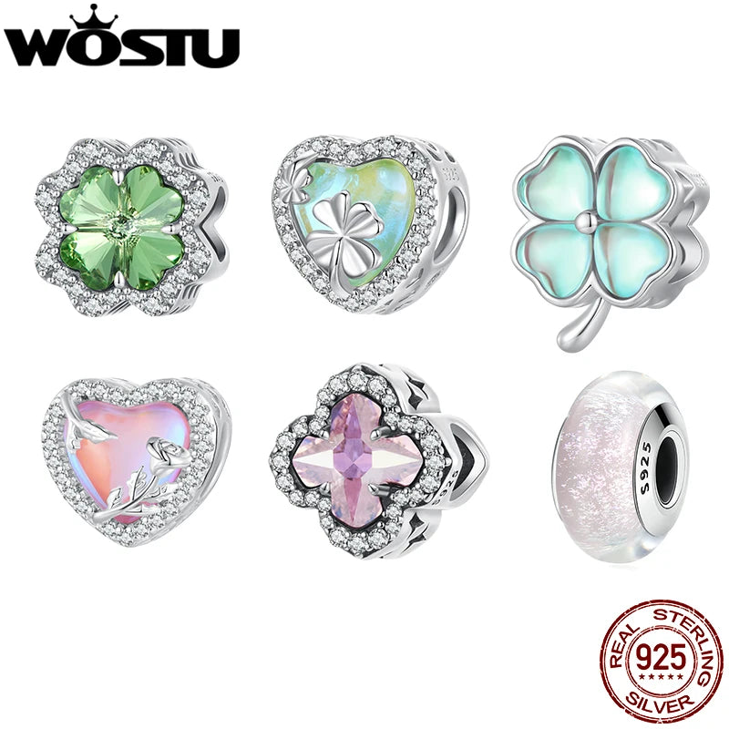 WOSTU 925 Sterling Lucky Green Four-leaf Clover Charm Pink Heart Pendant Faith Cross Bead Fit Bracelet Necklace Gift mom Family
