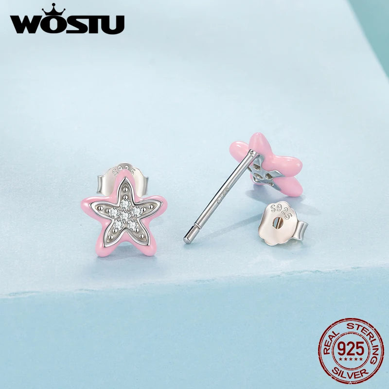 WOSTU 925 Sterling Silver Pink Enamel Floral Star Stud Earrings, AAA Shiny zircon Pink Starfish Ear Studs Cute Gift for Girl