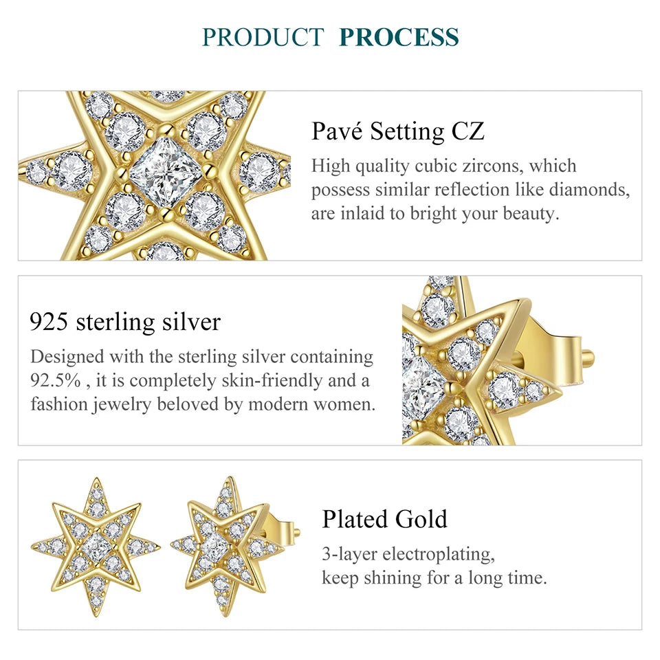 WOSTU 14K Gold Plated 925 Sterling Silver Star Stud Earrings For Women ,Sparkling CZ Earrings Hypoallergenic Birthday Gift