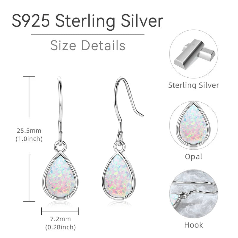925 Sterling Silver Ladies Drop Hook Earrings 6x9mm Pear Shape Bezel Set White Opal Earring for Women Fashion Gemstone Gift