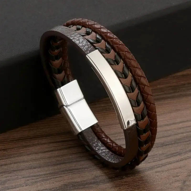 Fashion Cross Charm Mutilayer Leather Bracelet with Stainless Steel Clasp Men Punk Beaded Leather Bracelet For Men Jewelry Gift
