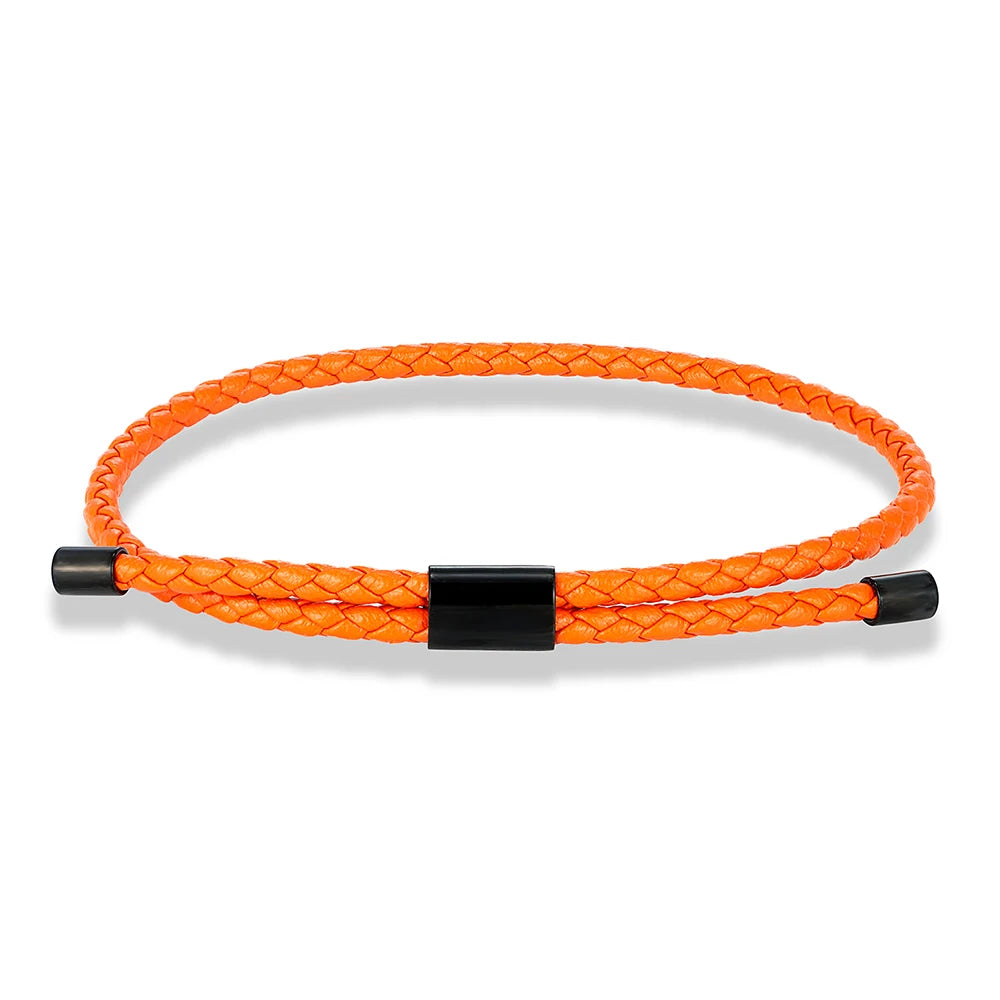 MKENDN Luxury Classic Men Jewelry 3mm Orange Braided Leather Bracelet Simple Adjustable Charm Bracelet for Men Women Gifts