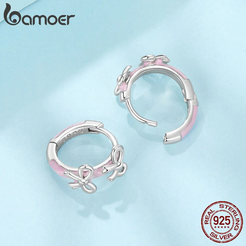 BAMOER 925 Sterling Silver Pink Bow Hoop Earrings Double Bowknot Ear Buckles for Women, Hypoallergenic Sweet Girl Jewelry Gift