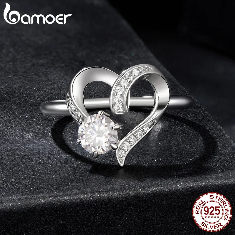 BAMOER Solitär-Herzring aus 925er Sterlingsilber mit Moissanit für Damen, vergoldeter Ehering