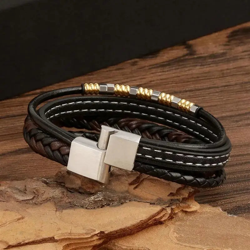 Jiayiqi New Design Punk Leather Bracelet Men Fashion Beaded Multi-Layer Leather Bracelet For Men New Year Jewelry Gift