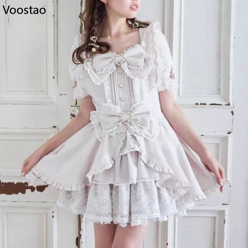 Japanese Sweet Lolita Rhinestone Bow Dress Kawaii Women Y2k Puff Sleeve Button Lace Ruffles Dress Harajuku Cute Party Cake Dress
