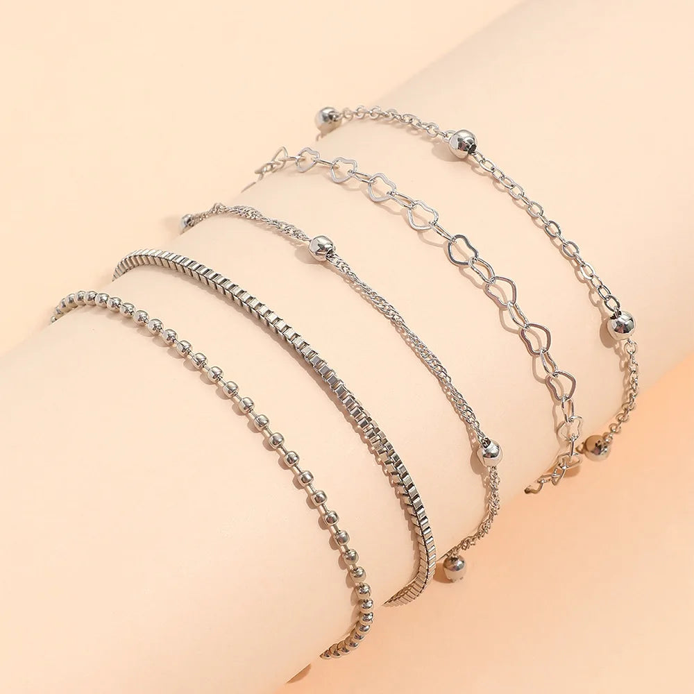 5Pcs/Set New Silver Color Multilayer Interlocking Hearts Bracelet Retro Bangle For Women Fine Fashion Jewelry Wedding Party Gift