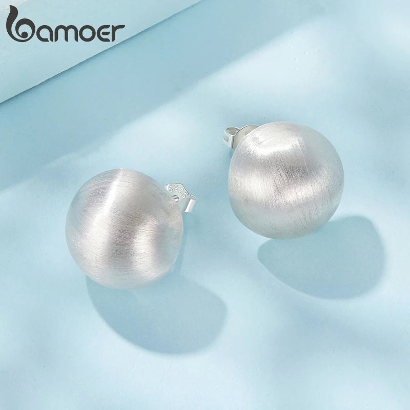 BAMOER White Gold Plated Post Glossy 3D Ball Hoop Earrings, High Polished Trendy Fashion Jewelry for Women 925 Sterling Silver