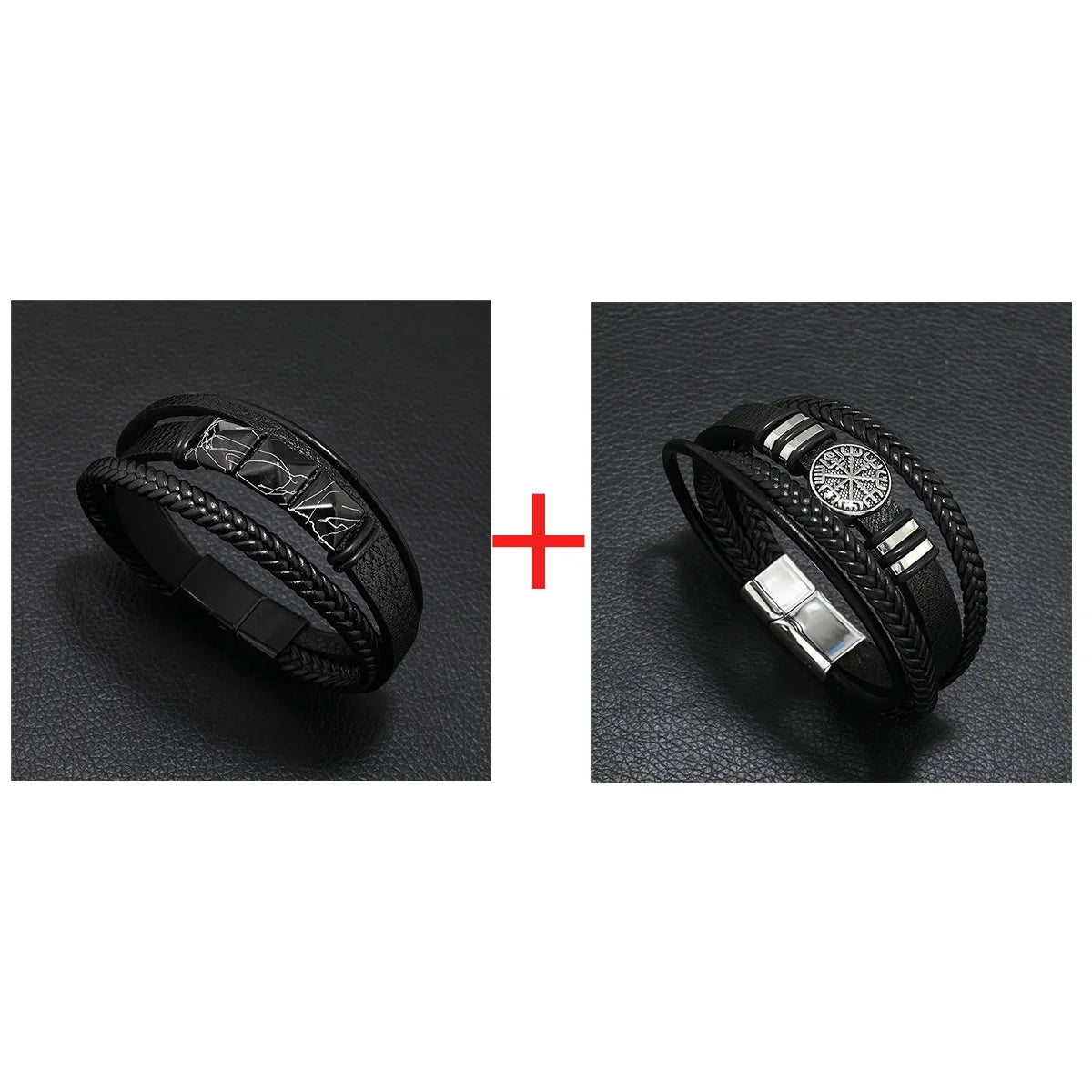 New Men's Leather Braided Bracelet Crack Pyramid Alloy Magnet Buckle Multilayer Leather Bracelet Bracelet