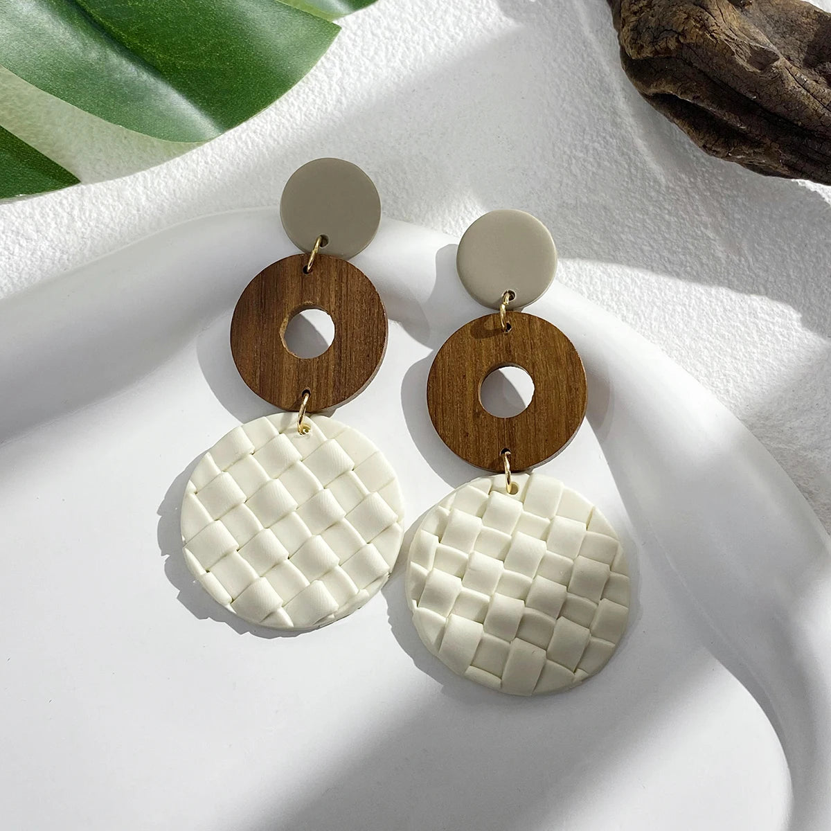 AENSOA Handmade Wooden Braided Polymer Clay Earrigns for Women Multicolor Unusual Knited Heart Geometric Drop Earrings Jewelry