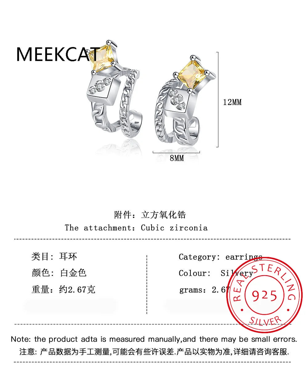 Boucle d'oreille à clip double couche carrée en argent sterling 925 avec citrine, pour femme et fille, sans piercing, bijou DS534