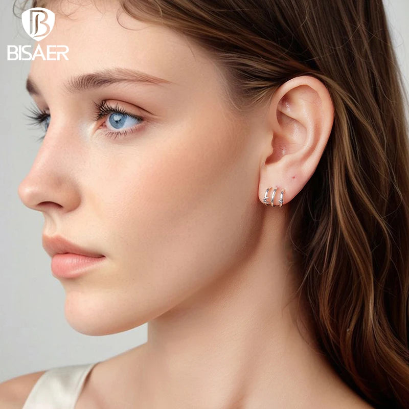 BISAER Solid 925 Sterling Silver Multi-layer Moon Star Earrings Simple Sparkling Zircon Stud Ear for Women Party Fine Jewelry