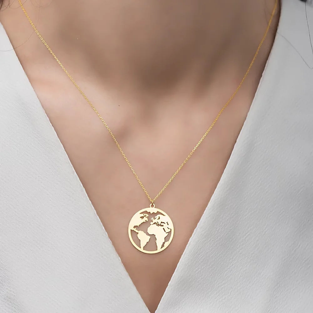 Stainless Steel Necklace World Map Pendant Necklaces Globe Charm Boho Jewelry For Women Wanderlust Earth Choker Travel Gifts