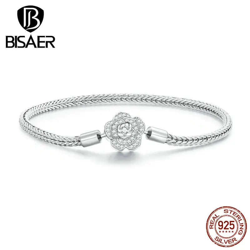 BISAER 925 Sterling Silver Rose Basic Bracelet Fox Tail Chain Plated White Gold For Bangle DIY Charm Bead Original Fine Jewelry