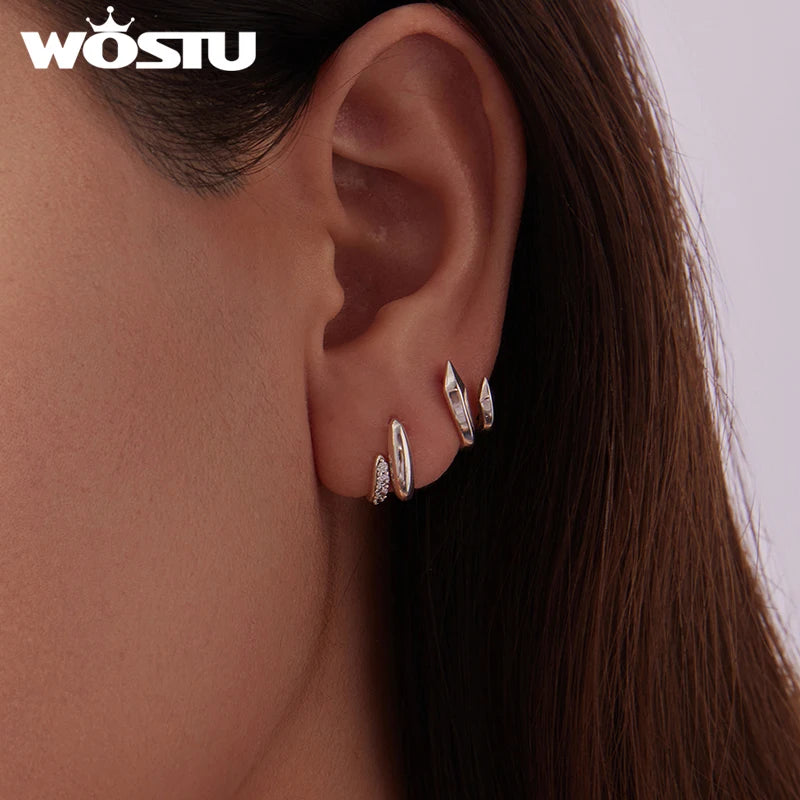 WOSTU Solid 925 Sterling Silver Unique Geometric Double-Layer Stud Earrings, Wedding Engagement Hoop Earring Party Gift