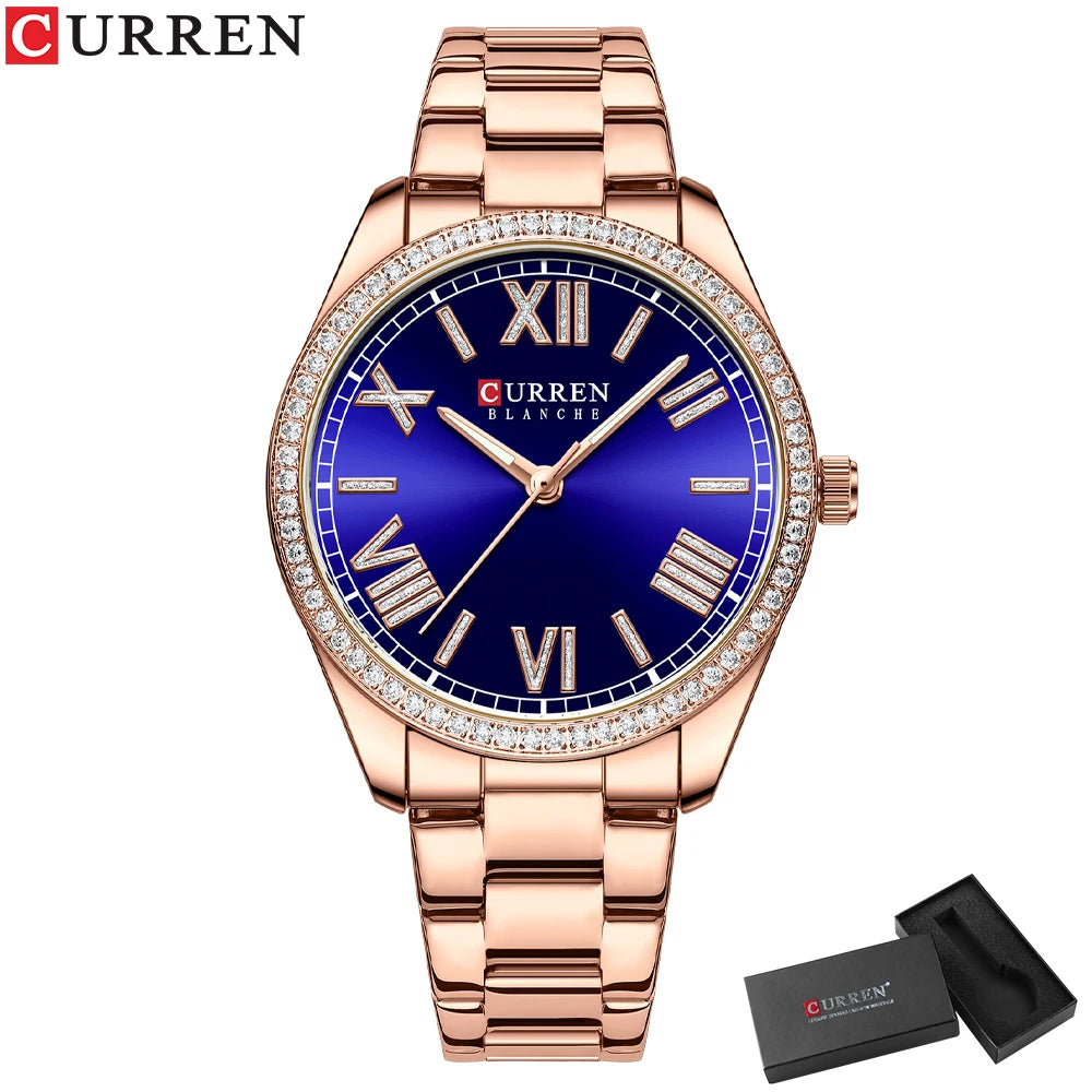 CURREN NEW Luxury Stainless Steel Wristwatches for Ladies Romantic Rose Pink with Rhinestones Roman Numeral Dial