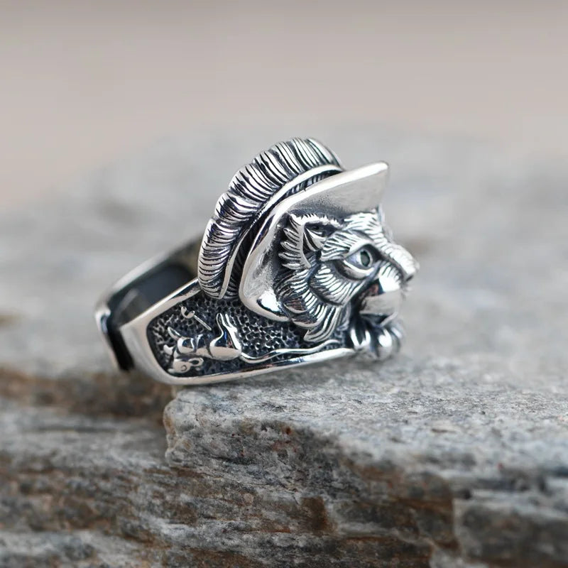 MKENDN Real 925 Sterling Silver Vintage Men Feather Gentleman Hat Cat Ring With Green Eyes For Women Punk Street Finger Jewelry