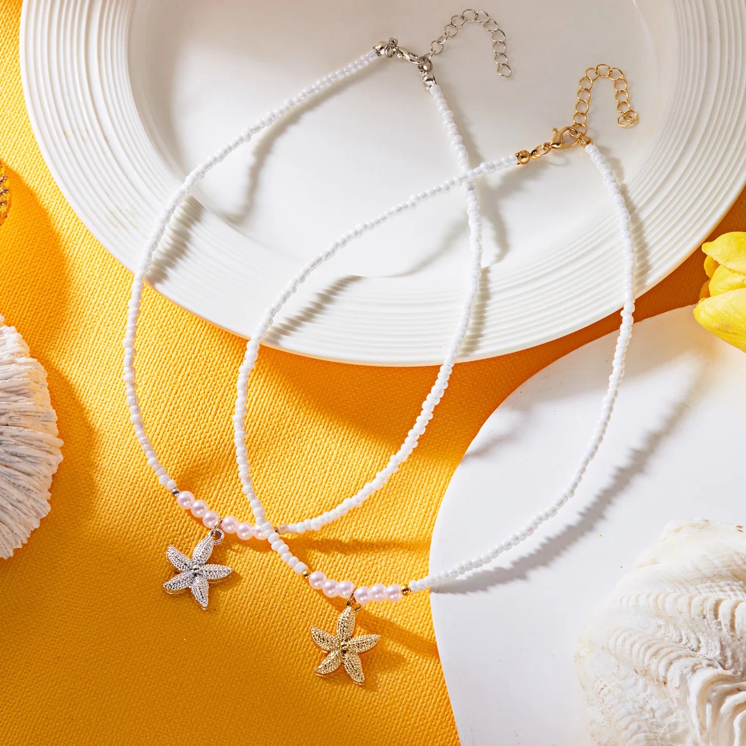 Bohemian Rice Beads Starfish Pendant Necklace for Women Handmade Imitation Pearl Colorful Beaded Choker Summer Beach Jewelry