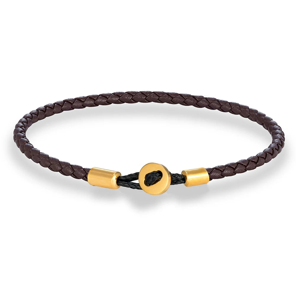 MKENDN Gold Color Stainless Steel Button Braided Leather Bracelet For Men Women Fashion Couple Jewelry Gifts